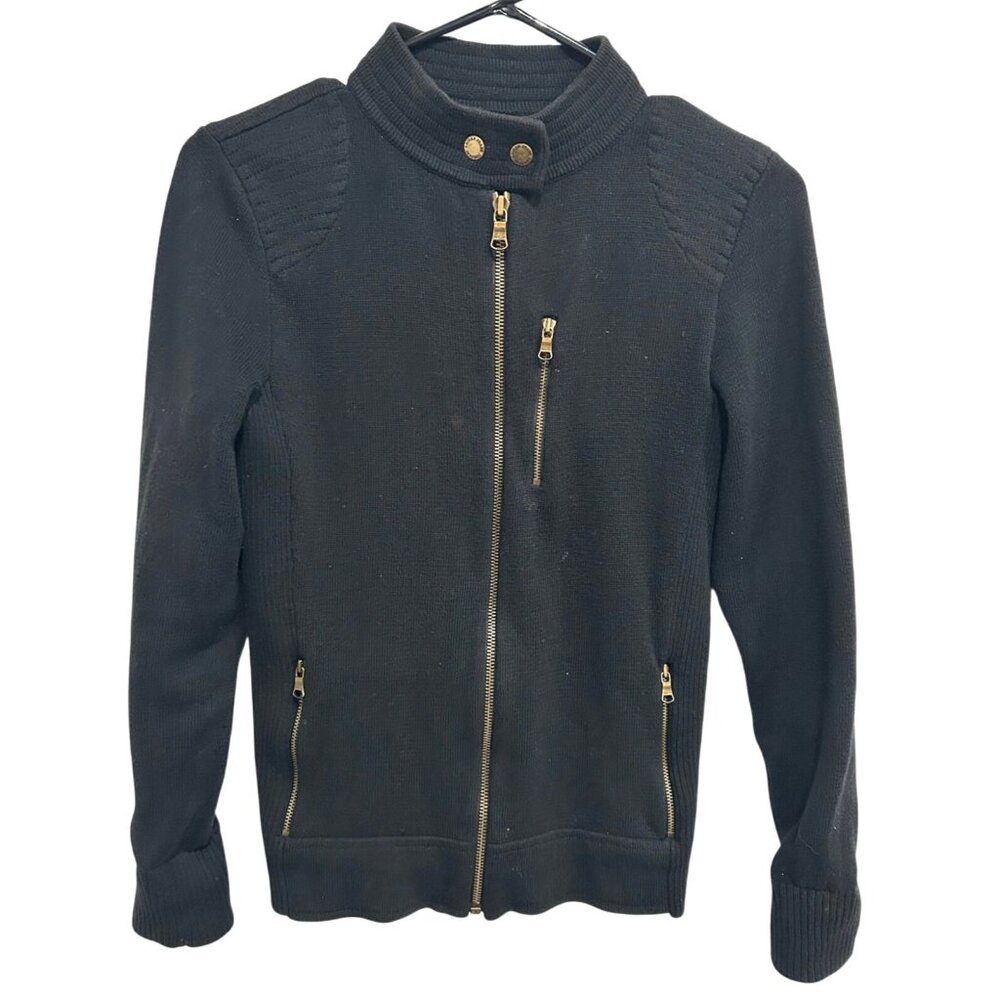 Ralph Lauren LRL Black Cotton Knit Cardigan Jacket Gold Zippers Snaps Size Small